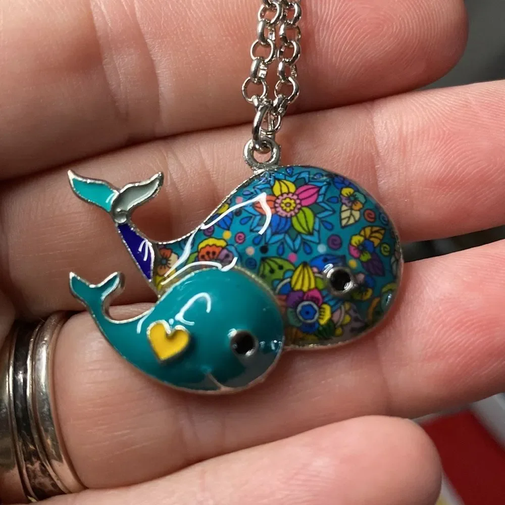 Cute Whale Mother and Baby Necklace Pendant Colorful Ocean Animal 20 in Chain